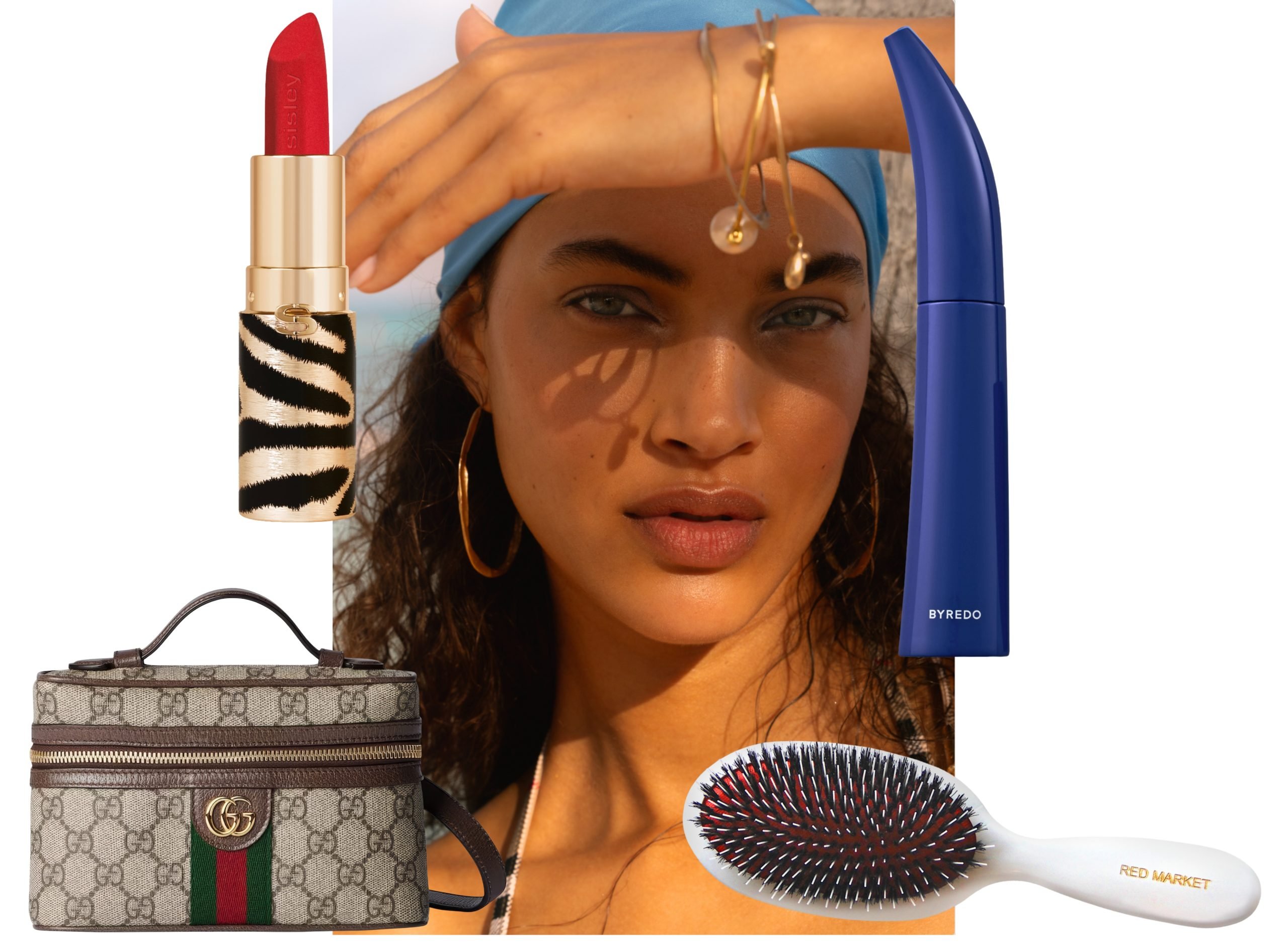 Model in golden hour light wearing a blue bandana, gold hoop earrings, layered bracelets, and a striped top with collage of beauty products surrounding