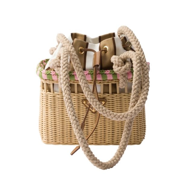 Prada wicker bag with rope handles and a striped cotton lining
