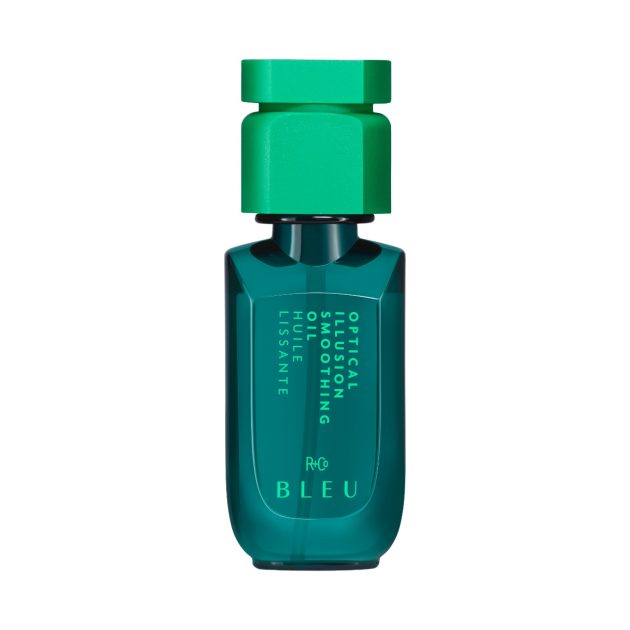 R+Co Bleu optical illusion smoothing oil in a teal and green bottle
