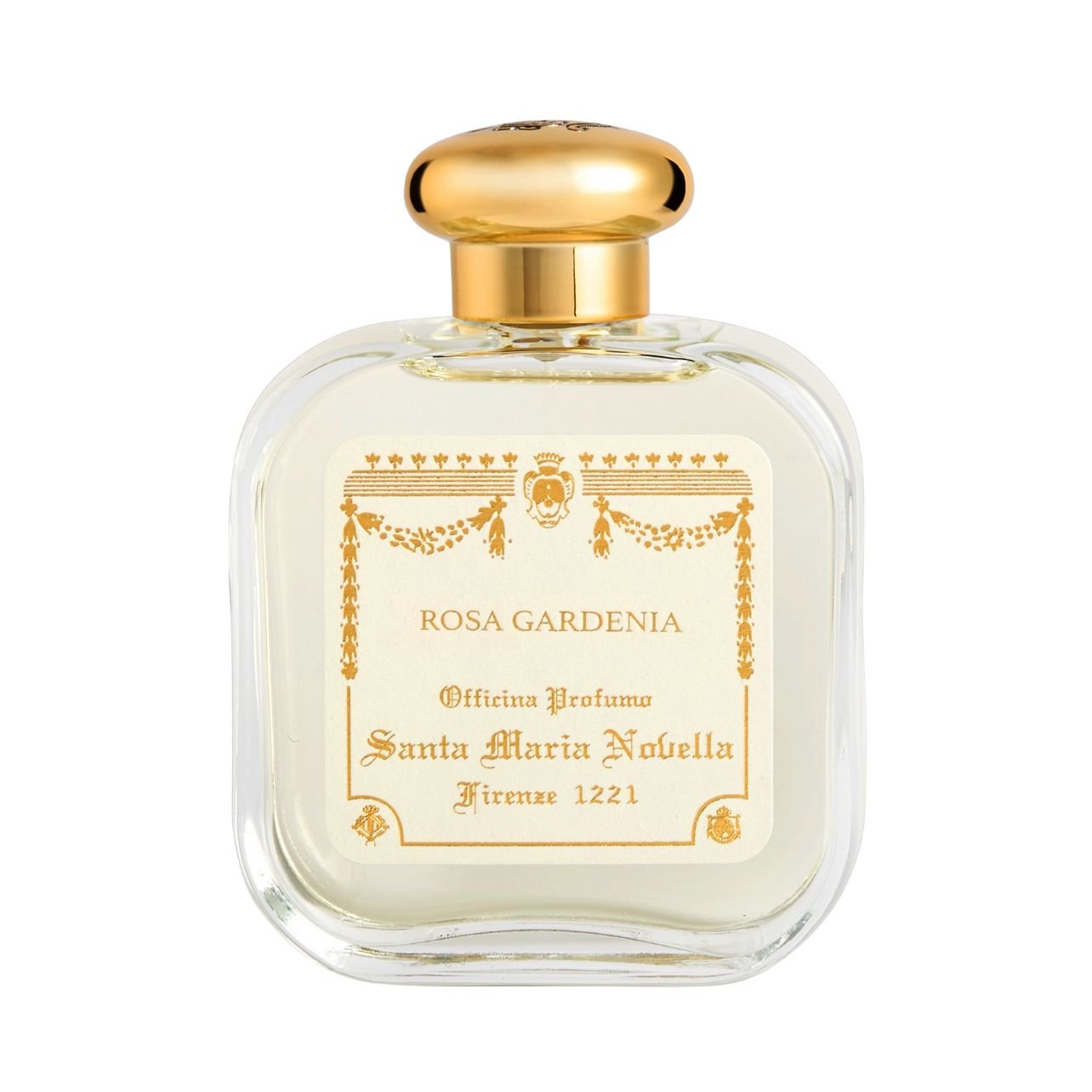 Santa Maria Novella Rosa Gardenia eau de cologne in a clear and gold bottle