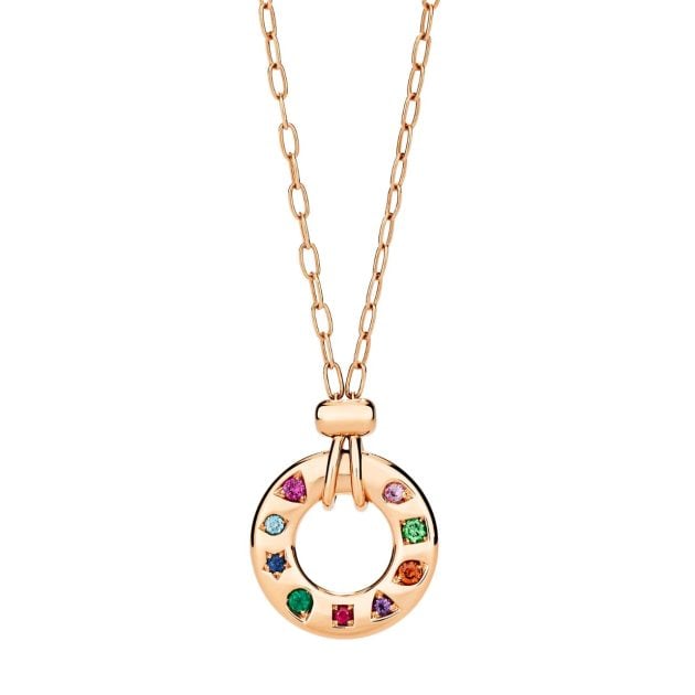 Pomellato rose gold necklace with with pink, orange, and blue sapphires, tsavorites, rubies, amethysts, and emeralds