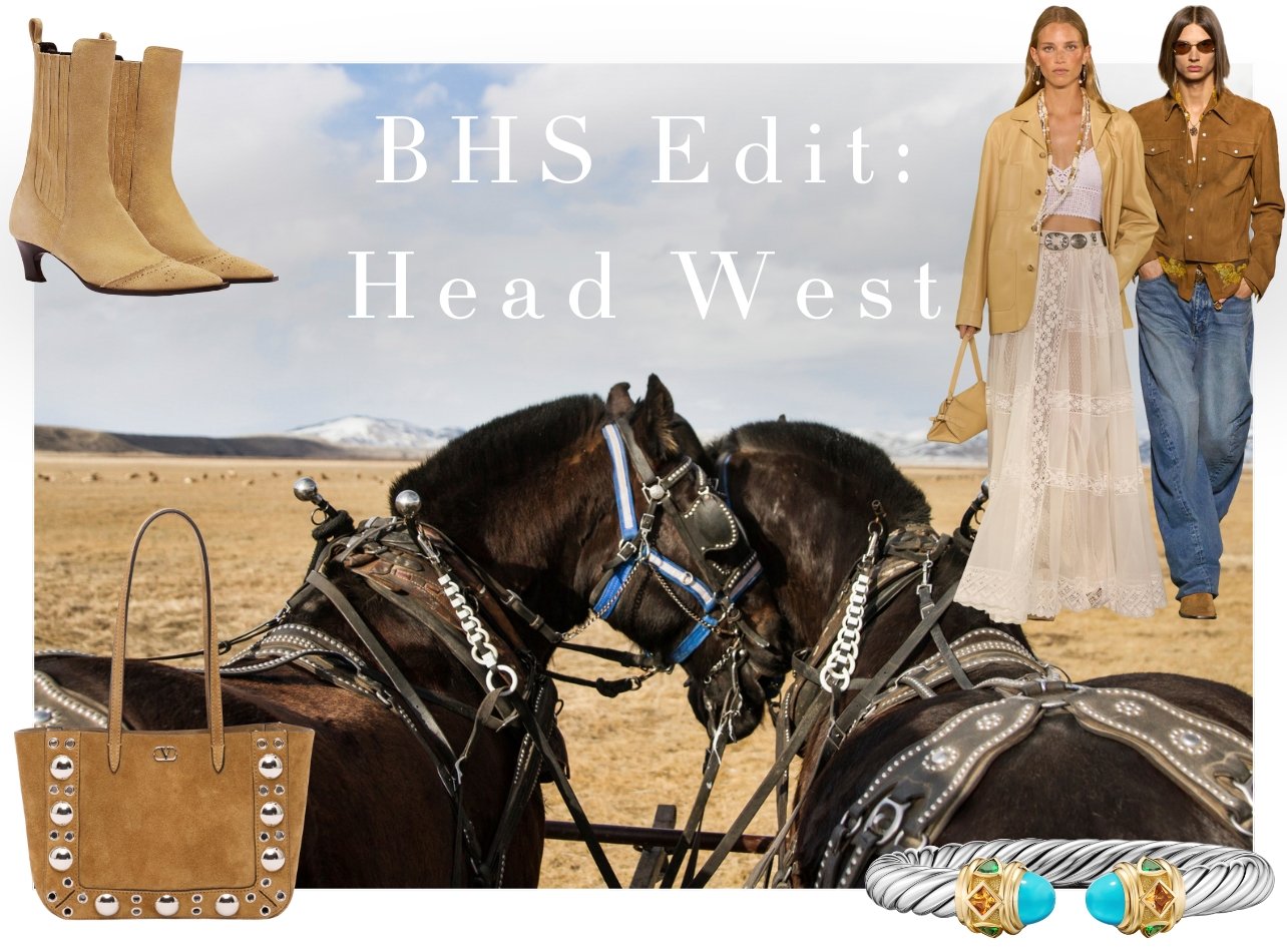 Two brown horses in middle of field with model imagery and product