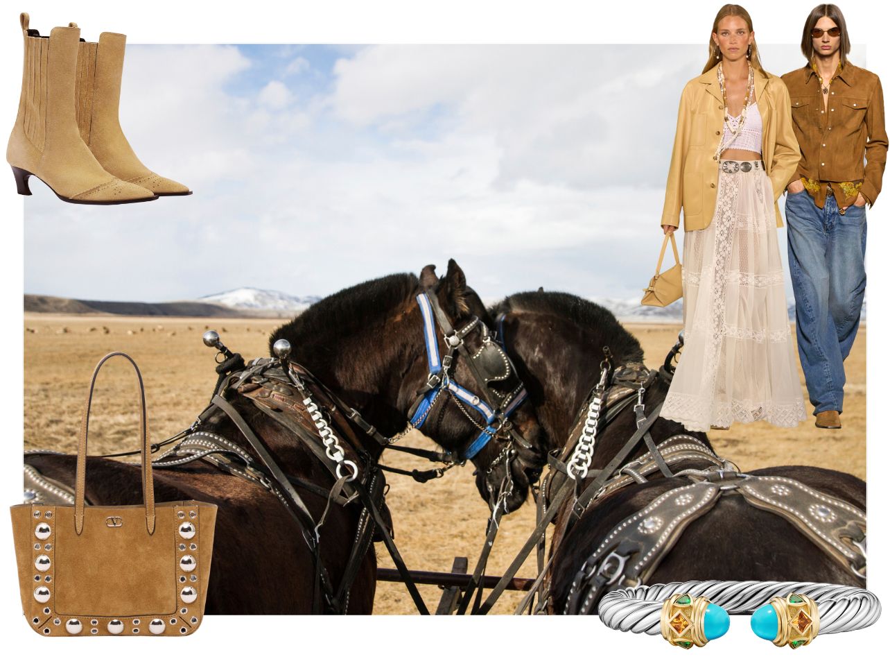Two brown horses in middle of field with model imagery and product
