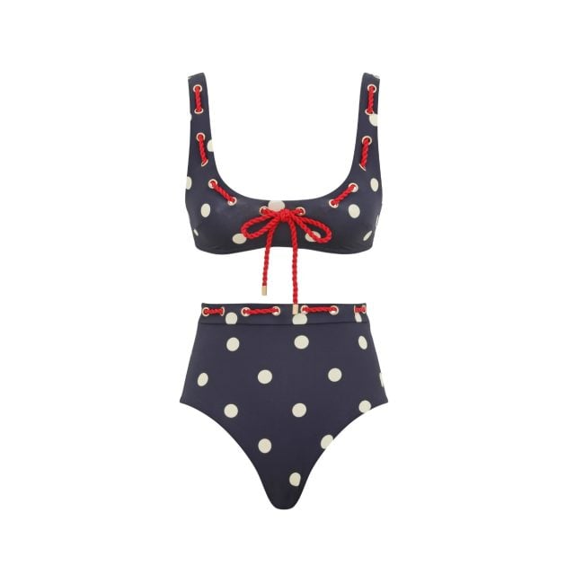 Zimmermann navy and white polka dot bikini with red rope detailing