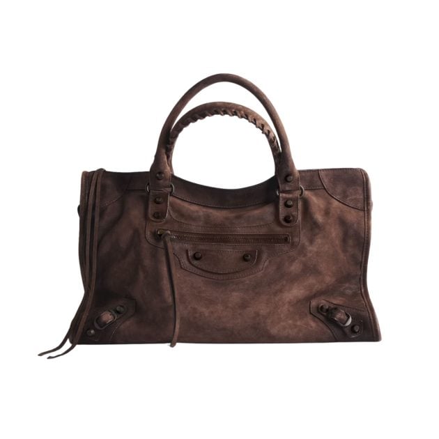 Balenciaga espresso waxed suede purse with brass hardware