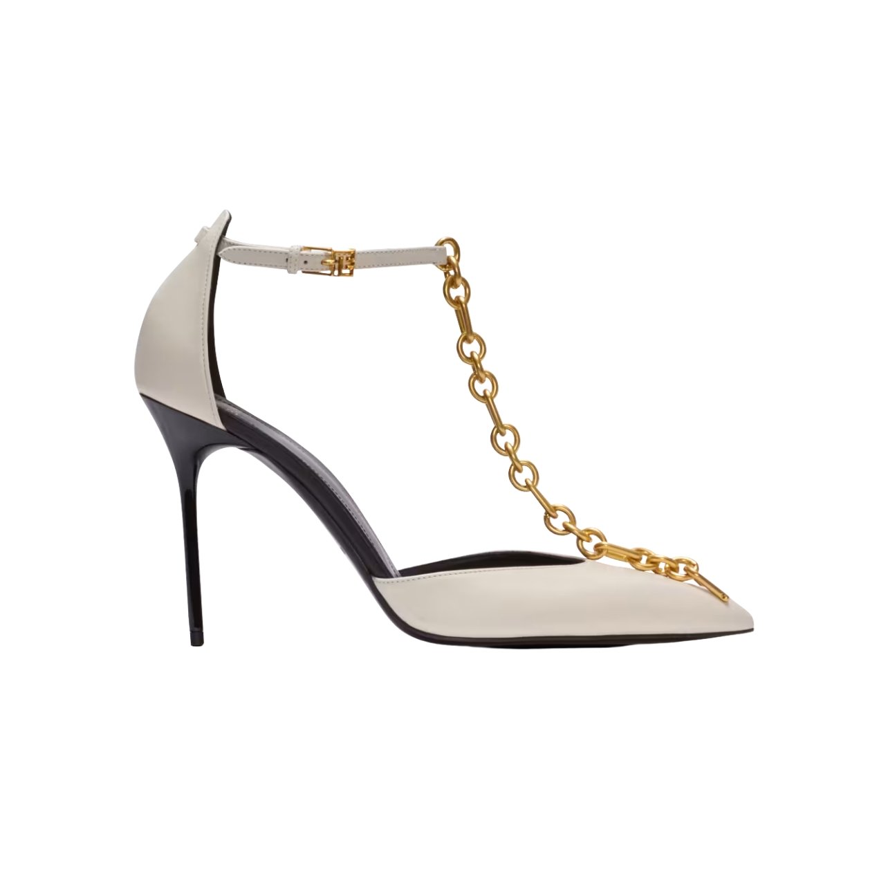 Balmain pointed toe stilettos in a beige leather with metal chain detailing on the front