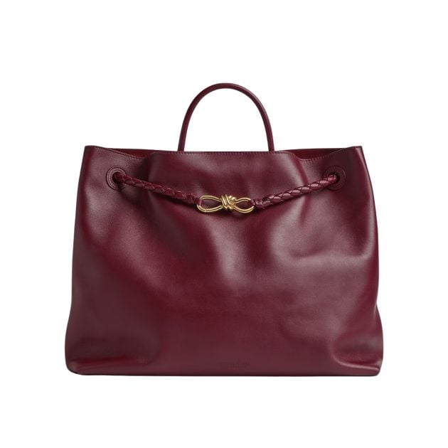 Bottega Veneta maroon silk calf leather tote with a sliding cross-body strap
