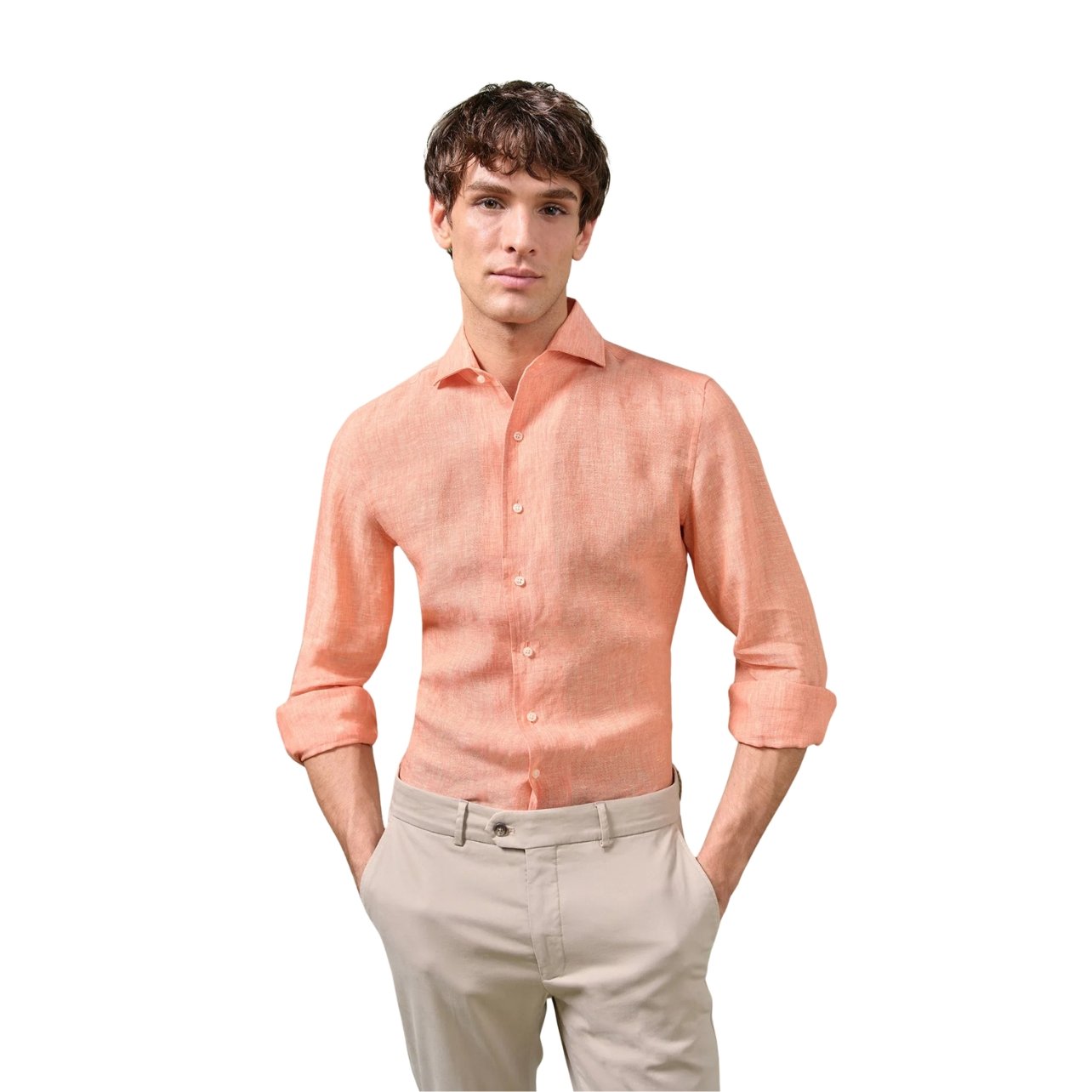 Cremieux luxury washed linen button-down shirt in a vibrant orange color