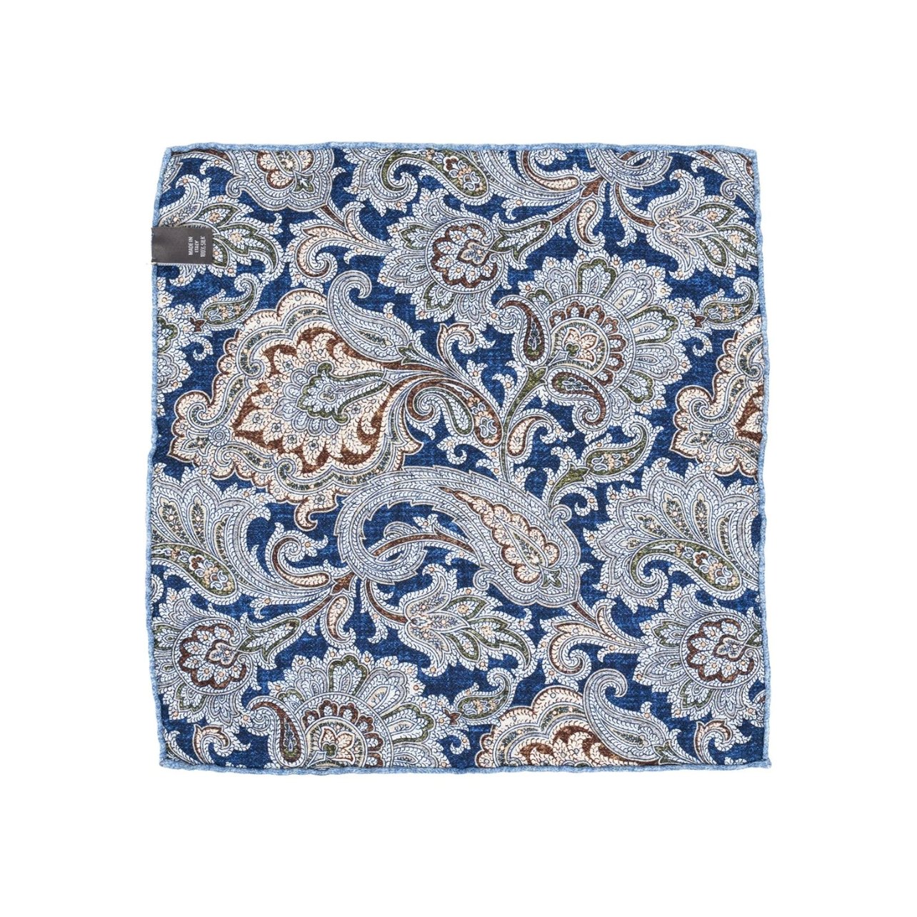 Cremieux silk hand-rolled pocket square in a navy and brown paisley print