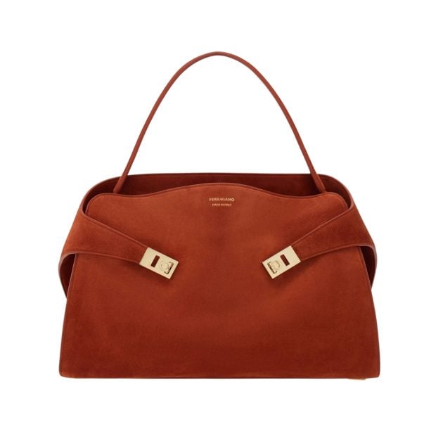 Ferragamo brick colored hug soft shoulder bag with golden hardware