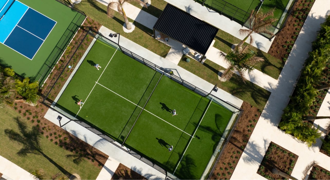 An overhead shot of the Padel and tennis courts at Atlantic Fields