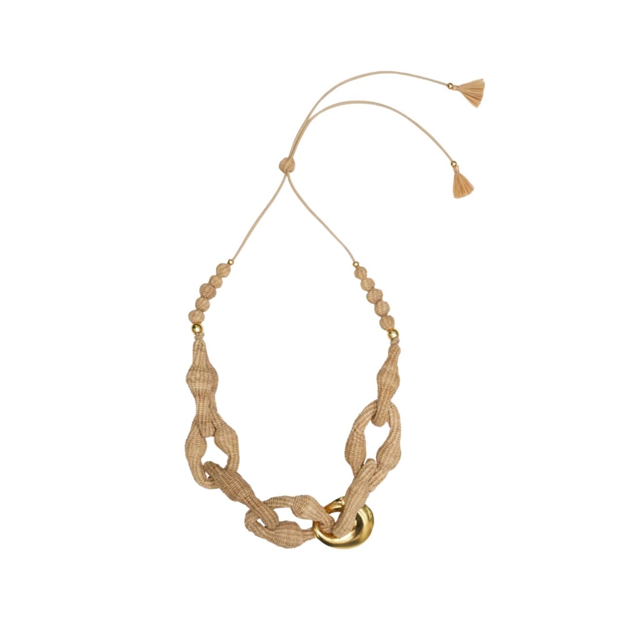 Johanna Ortiz gold necklace with handwoven fiber and sculptural metalwork