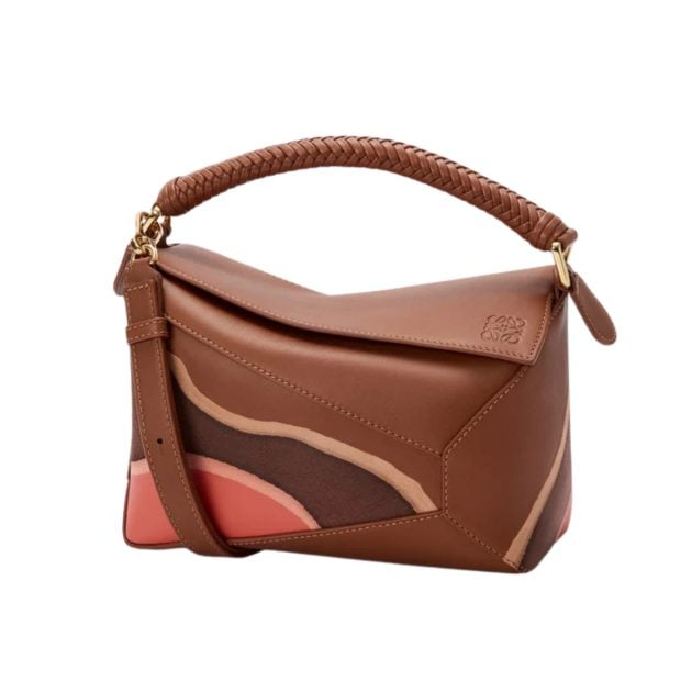 Loewe brown puzzle edge landscape bag with geometric lines and a cuboid form