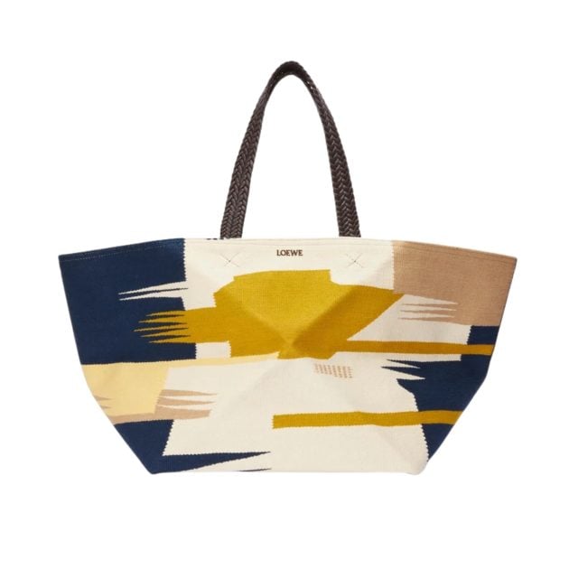 Loewe puzzle fold canvas tote with a colorful geometric structure