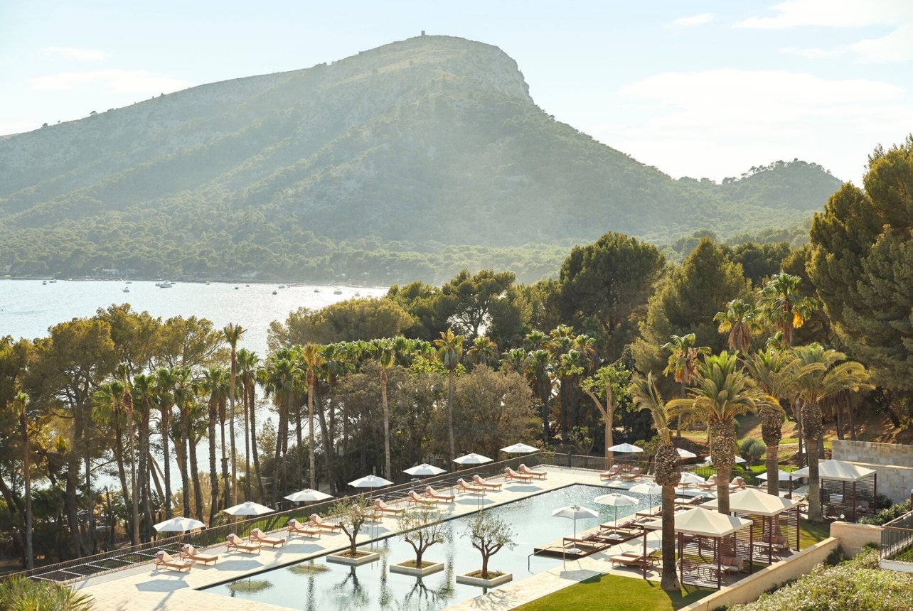 An exterior shot of the pool and hotel at Four Seasons Mallorca at Formentor, Port de Pollenca