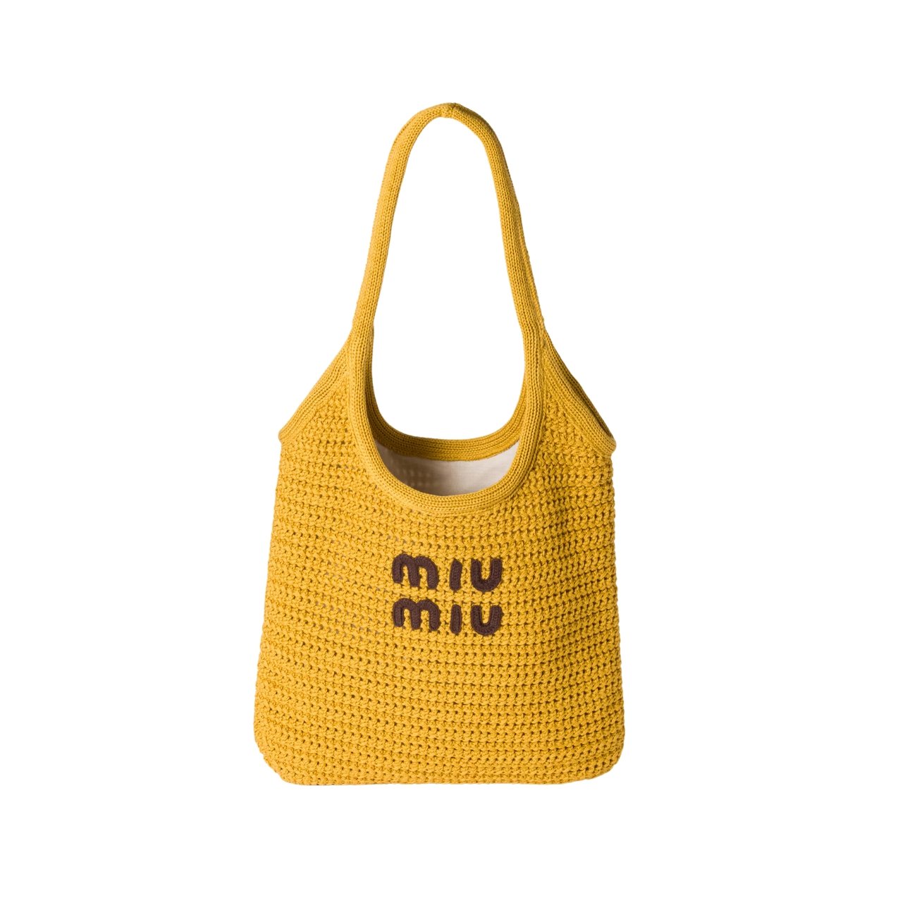 Miu Miu ochre woven tote bag with a brown woven logo