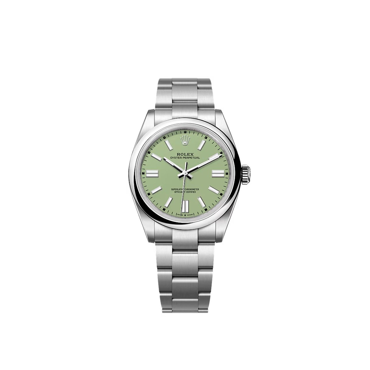 Rolex silver watch with a light green dial