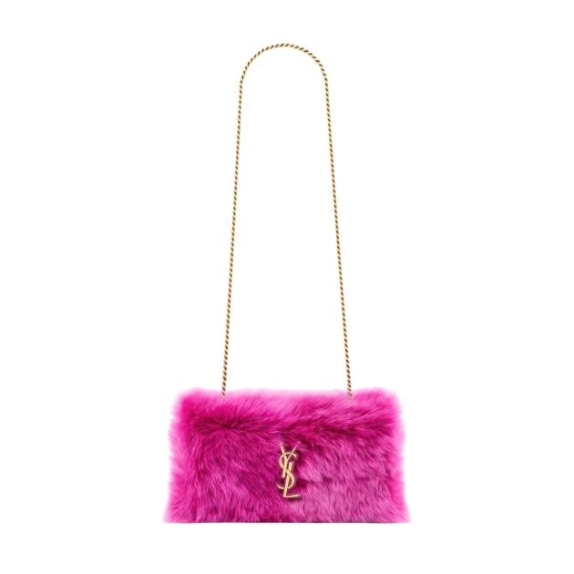 Saint Laurent pink shearling fur bag with a long gold chain handle