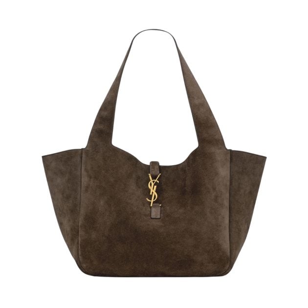 Saint Laurent light musk suede tote with a gold brand logo