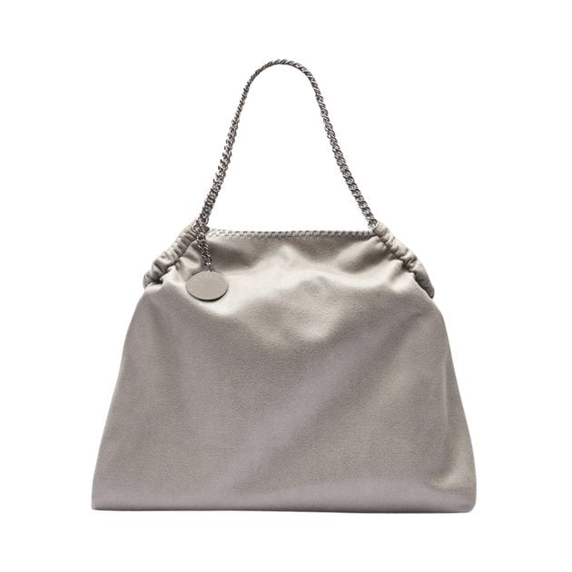 Stella McCartney grey drawstring tote bag with a diamond-cut recycled brass and aluminum chain