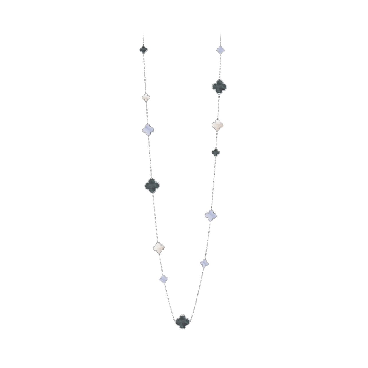 Van Cleef & Arpels long necklace featuring blue-gray and white stones with 16 motifs