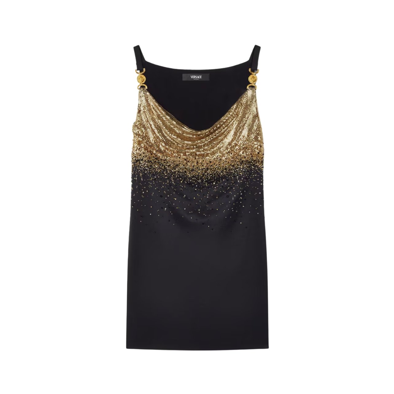 Versace black and gold slip dress with gold metal mesh detailing