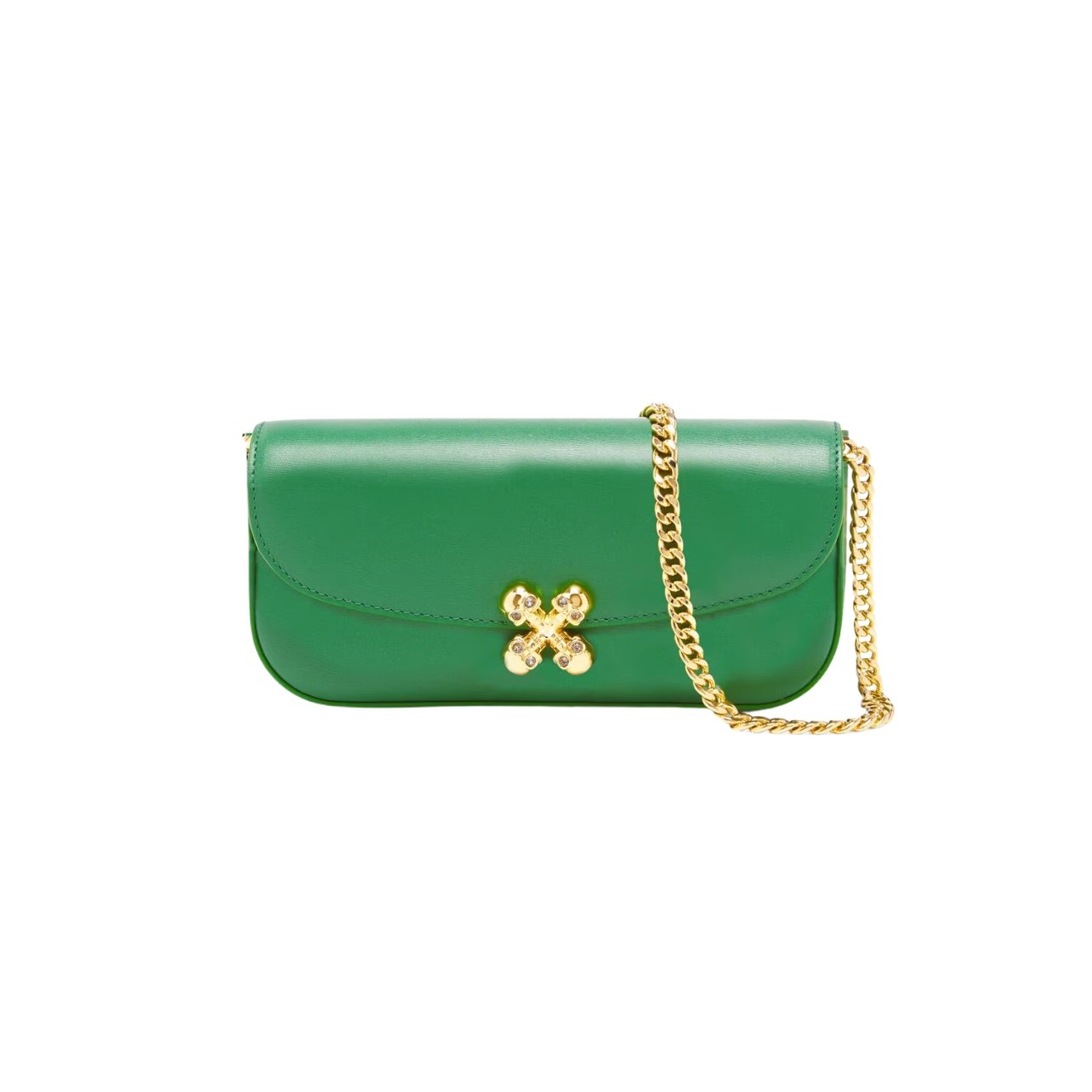 Alexander McQueen green bag crafted from viridian calf leather with a gold chain and gold skull flower embellishments