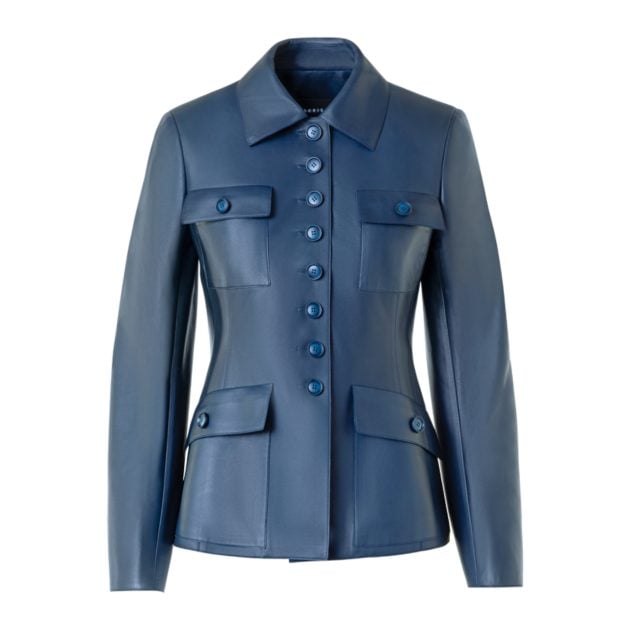 Akris blue leather button up jacket with pockets
