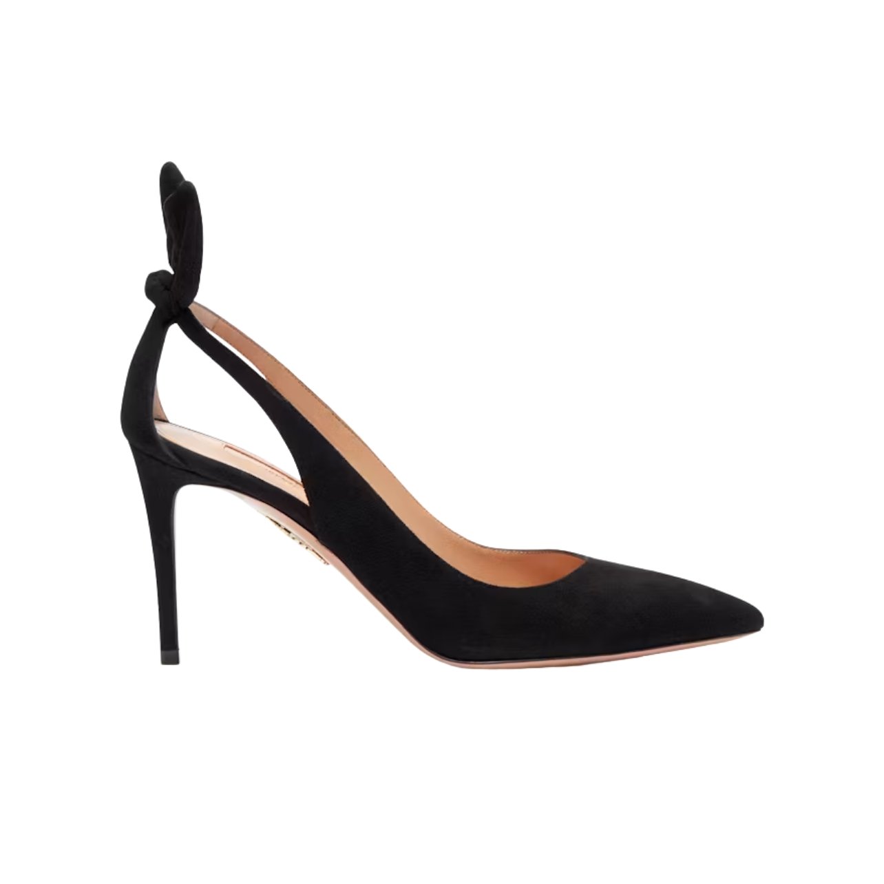 Aquazzura black pointed toe heels with a bowtie on the back
