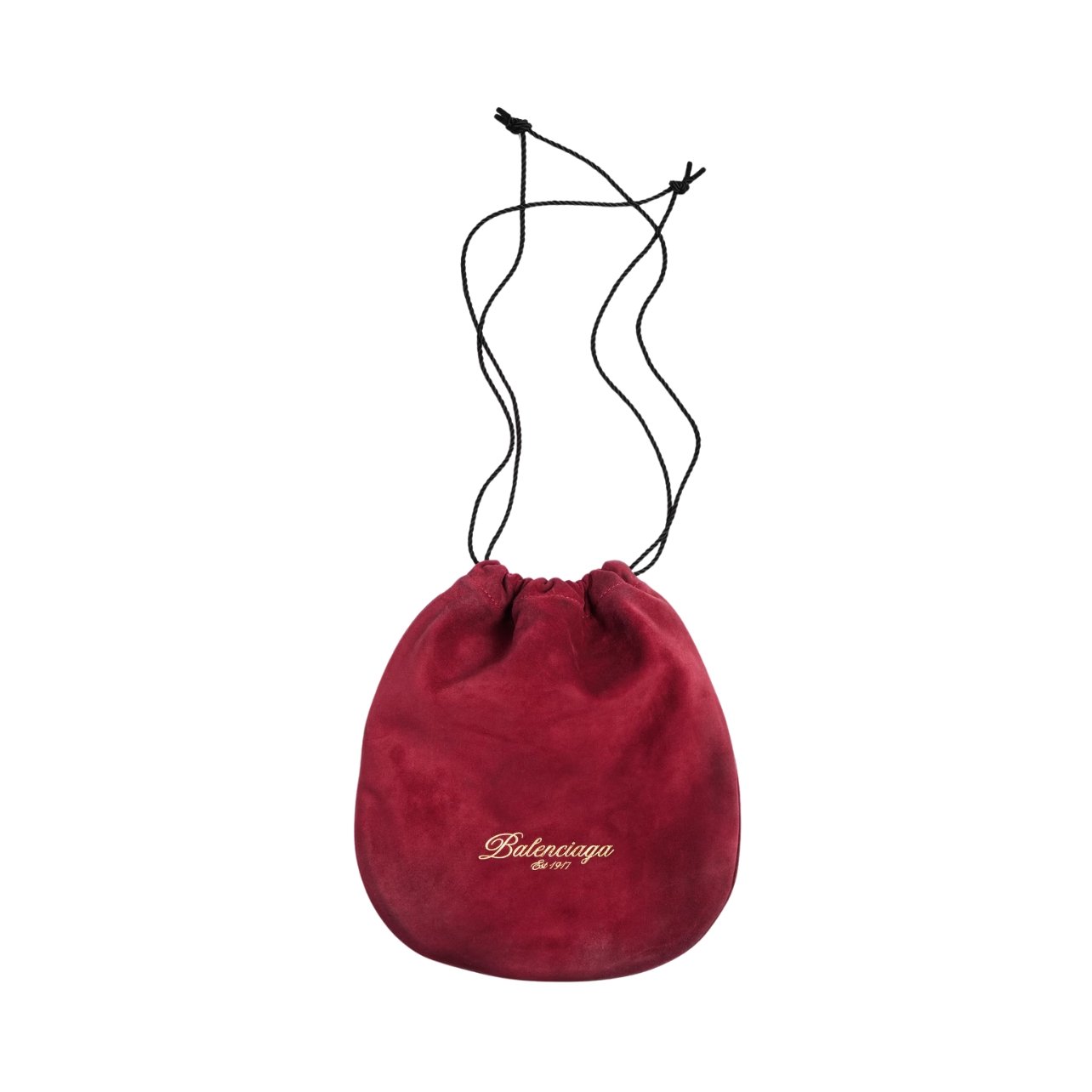 Balenciaga purse bag in cherry red waxed suede calfskin with a drawstring closure and designer logo printed with gold foil