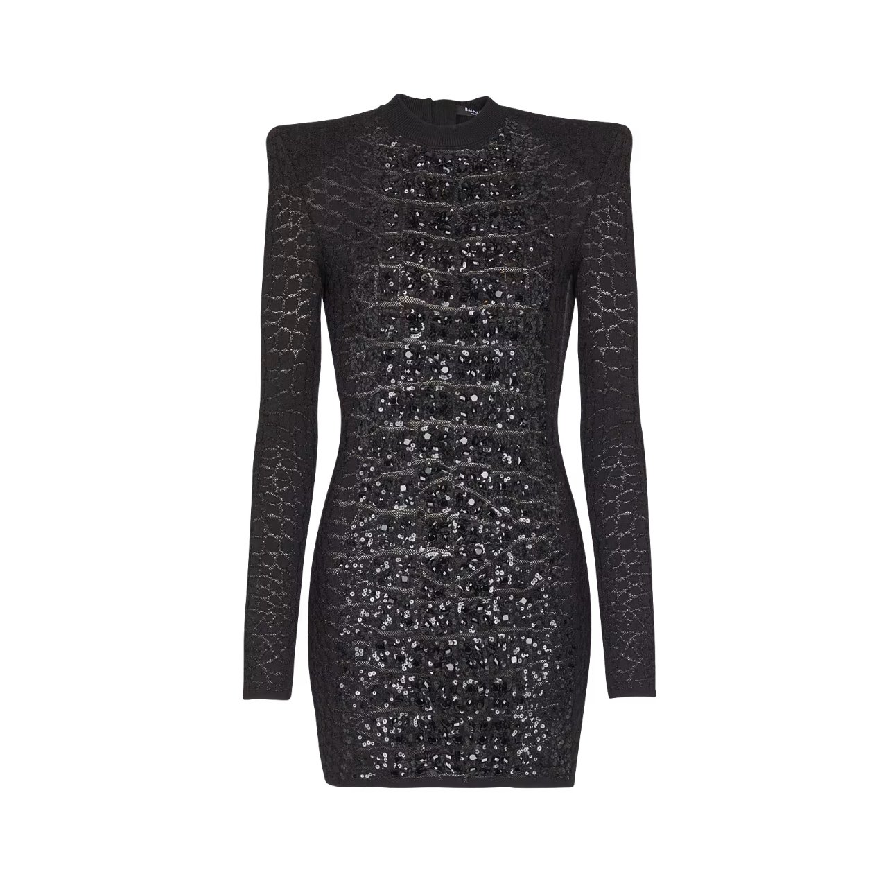 Balmain black dress embellished with sequins in a crocodile knit pattern with a rounded crewneck line