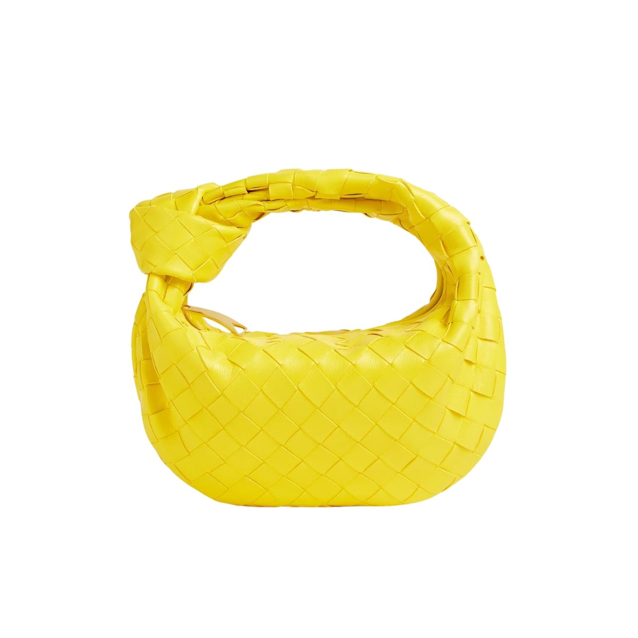 Bottega Veneta sulfur yellow leather top handle bag with a rounded shape and signature knot pattern