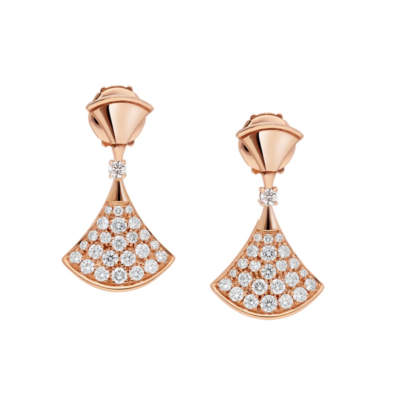 Bulgari fan-shaped mosaics earrings with 18 kt rose gold set with pavé diamonds