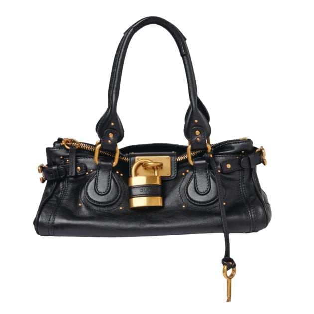 Chloe black leather purse with gold hardware and a gold lock embellishment