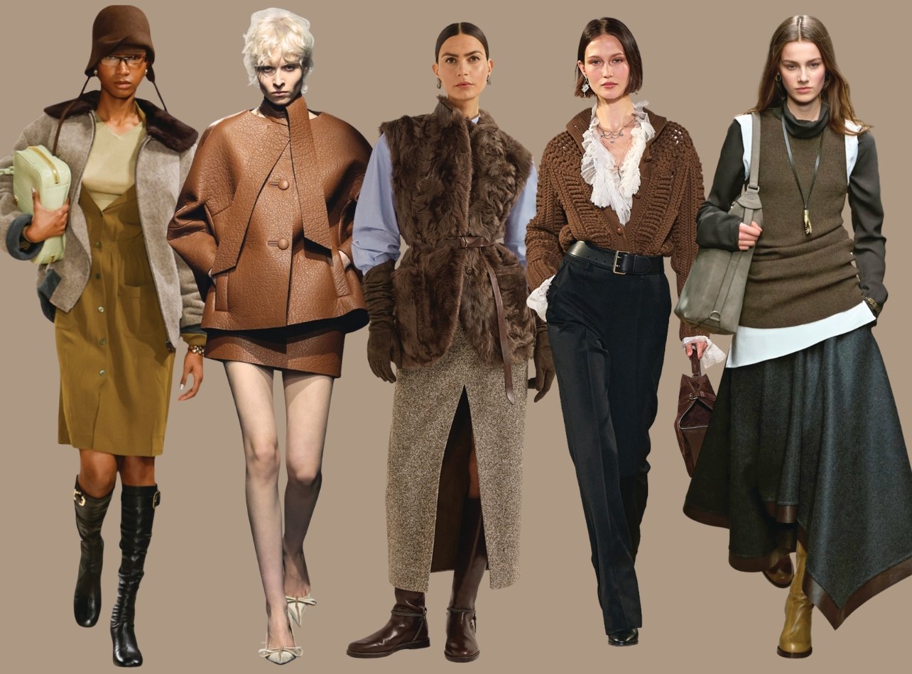 Runway models dressed in equestrian style with accents of wool, leather, and fur pieces