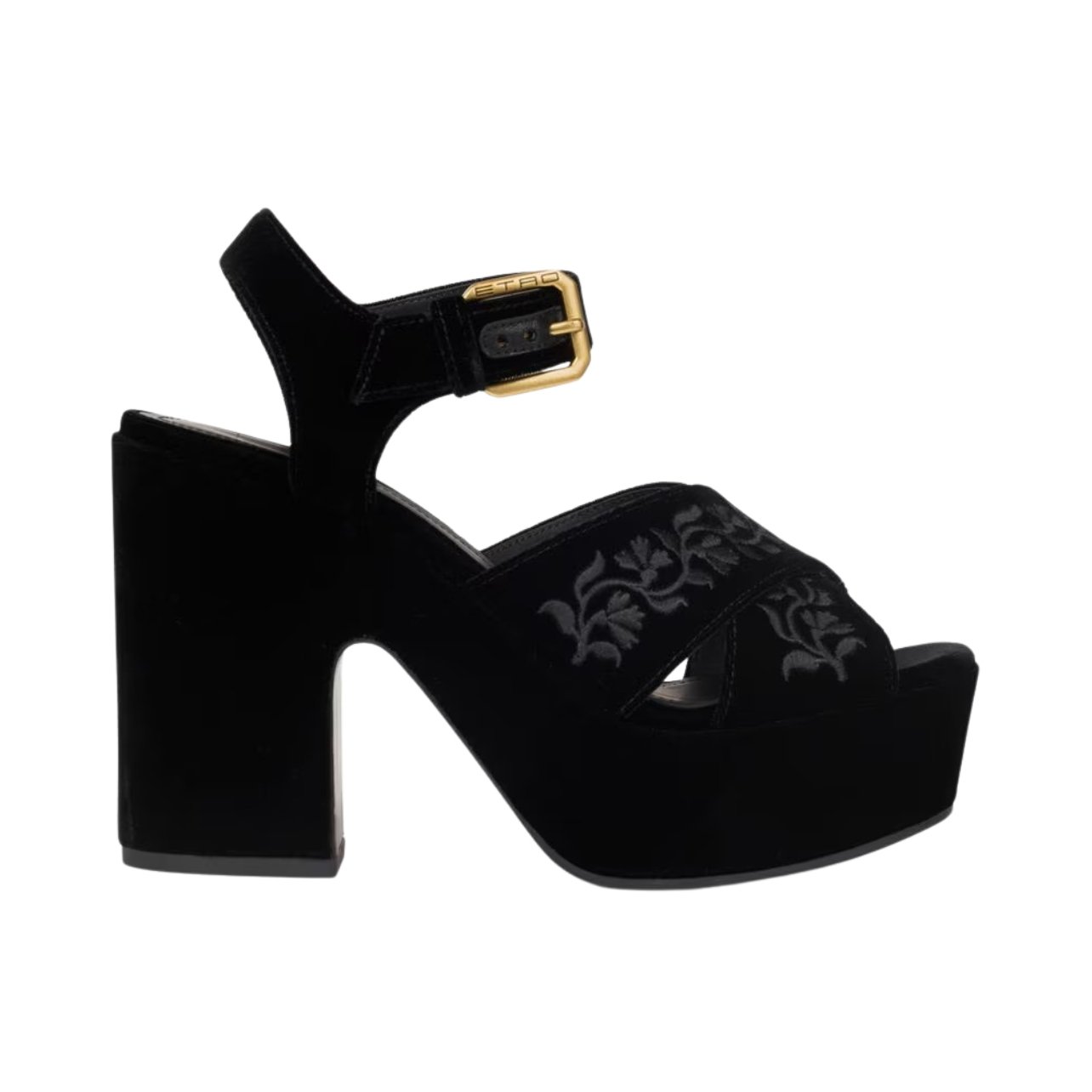 Etro soft black velvet platform sandals with a floral pattern and ankle straps