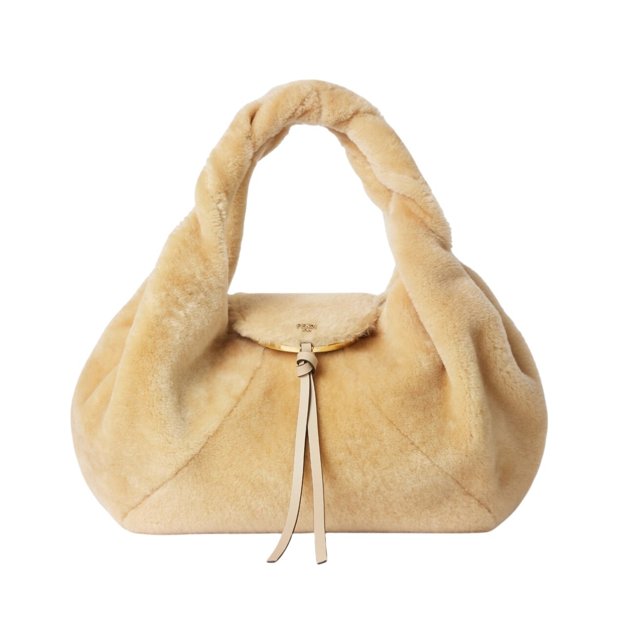 Fendi soft beige shearling large bag with a flap closure and twisted handles