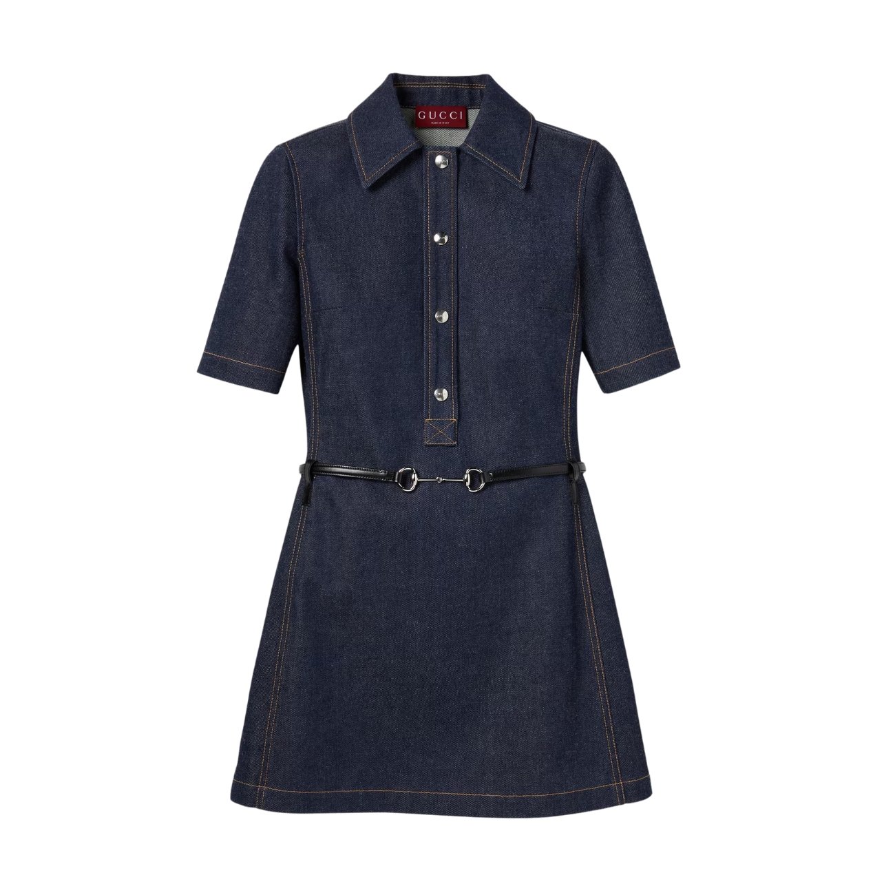 Gucci dark blue cotton denim mini dress with a detachable leather belt with silver toned Horsebit hardware