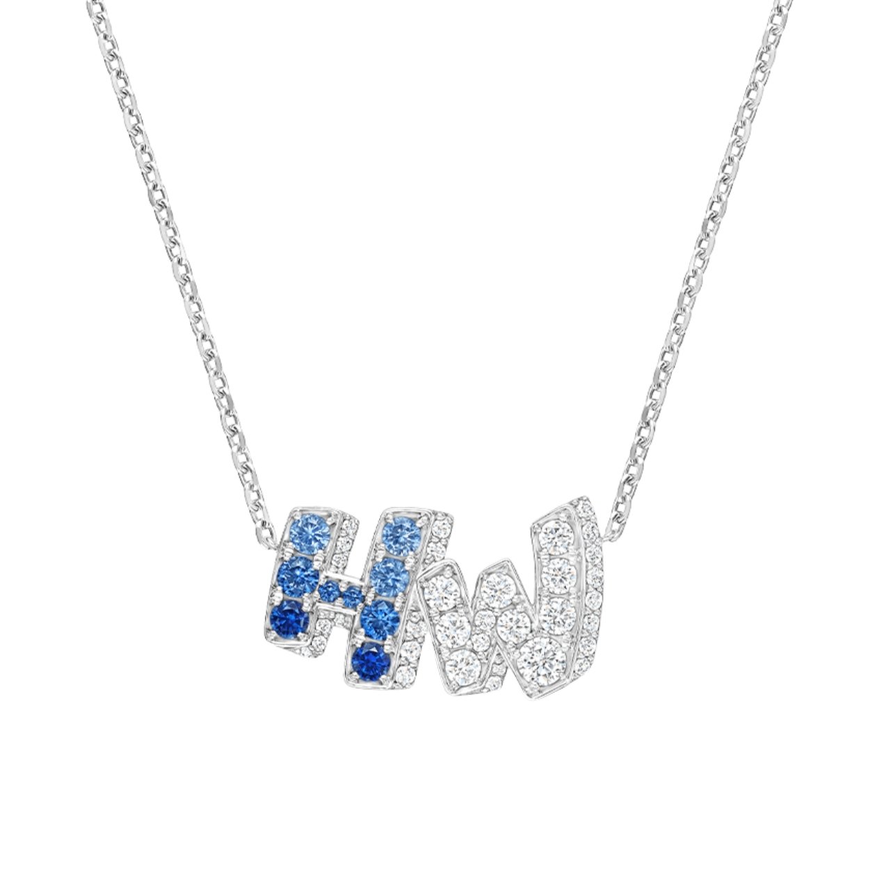 Harry Winston necklace with an H and W pendant with round sapphires and brilliant diamonds set in platinum