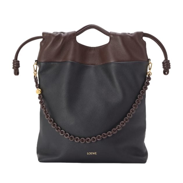 Loewe black and brown purse tote with a knot drawstring enclosure and leather donut chain shoulder strap
