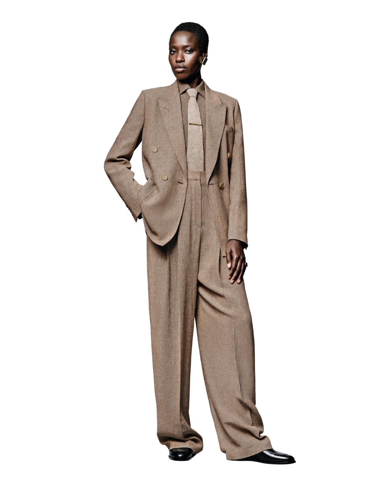 Loro Piana on model wearing a matching blazer and pants