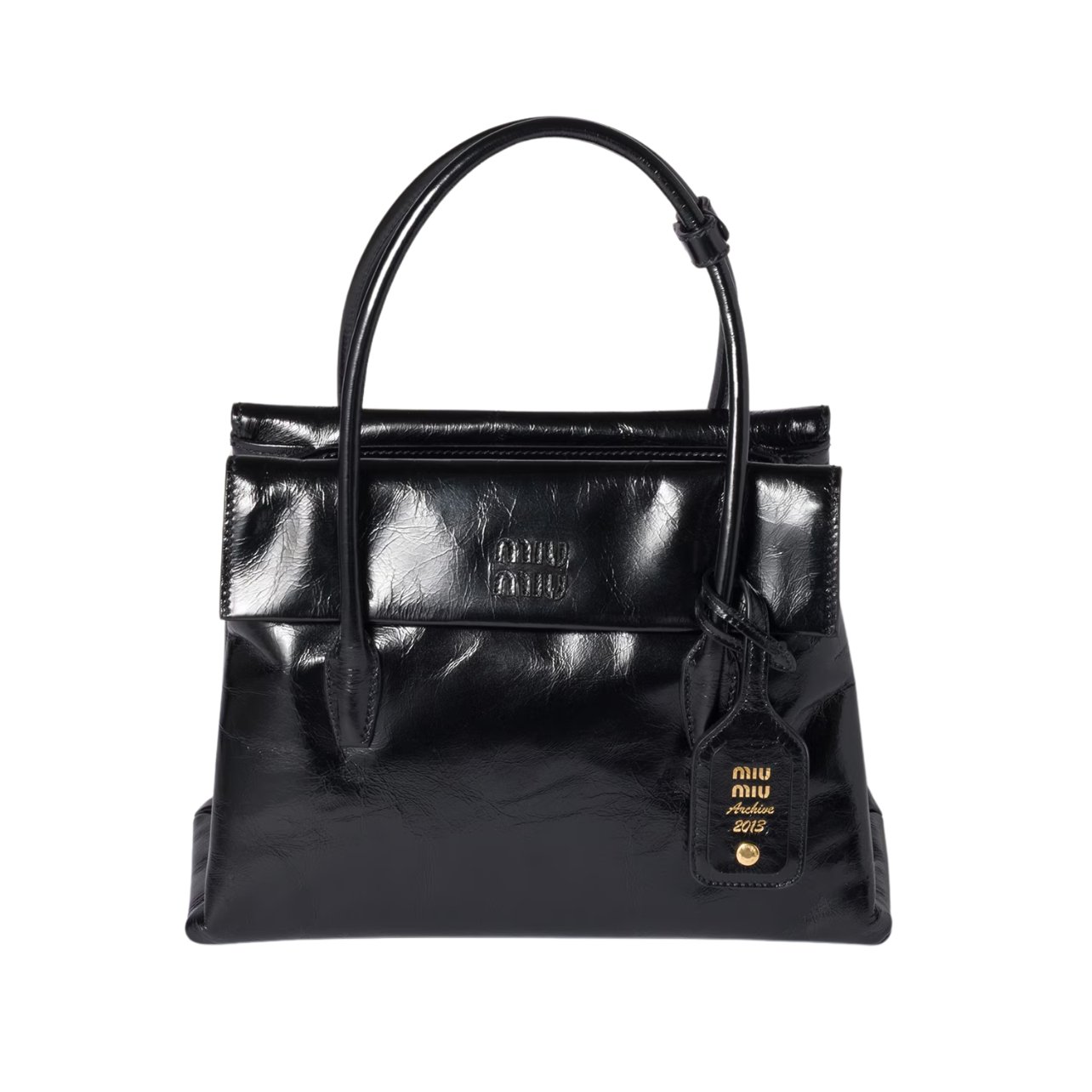 Miu Miu shiny black calf leather handbag with the designer logo on the front