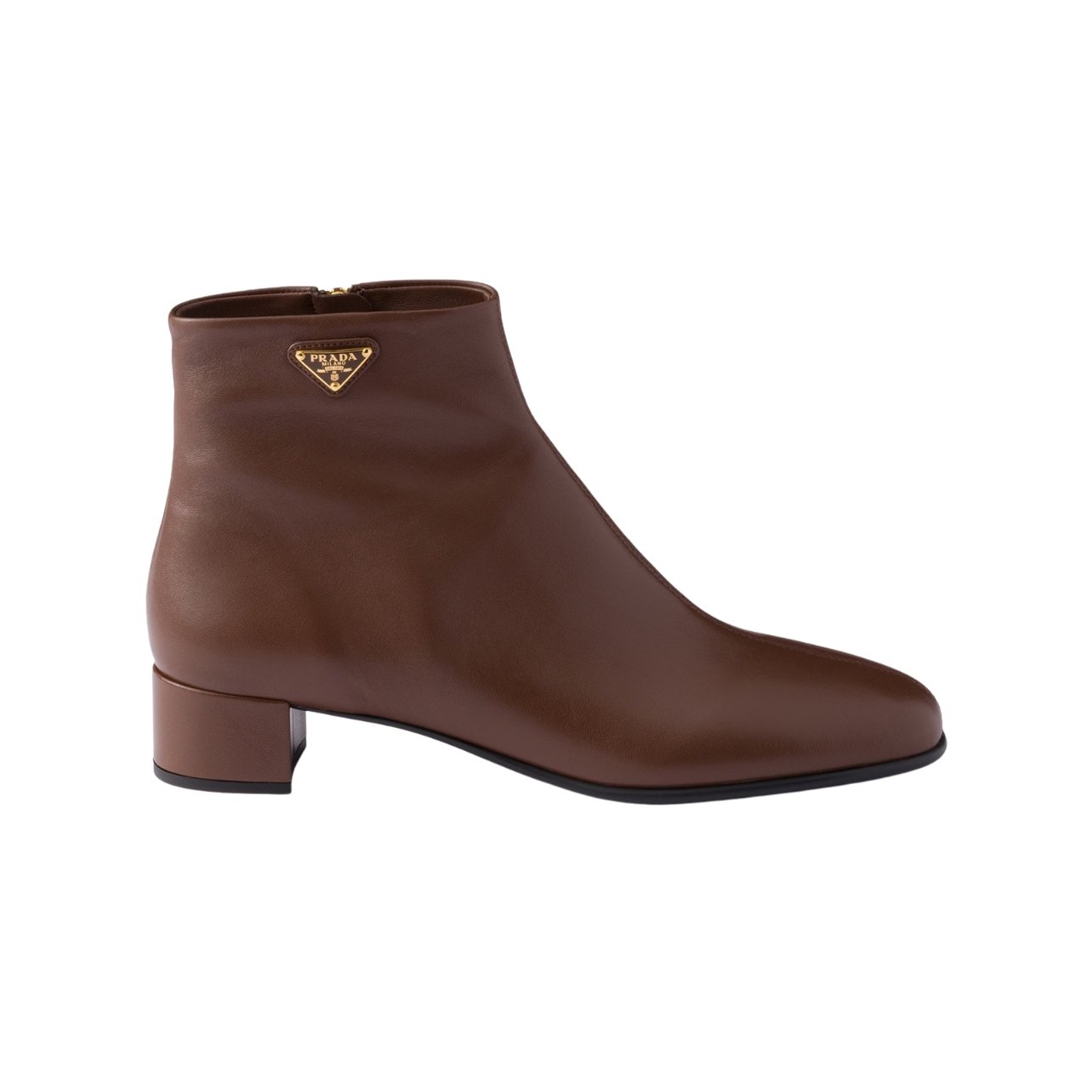 Prada Cocoa Brown soft nappa leather boots decorated with a metal triangle designer logo