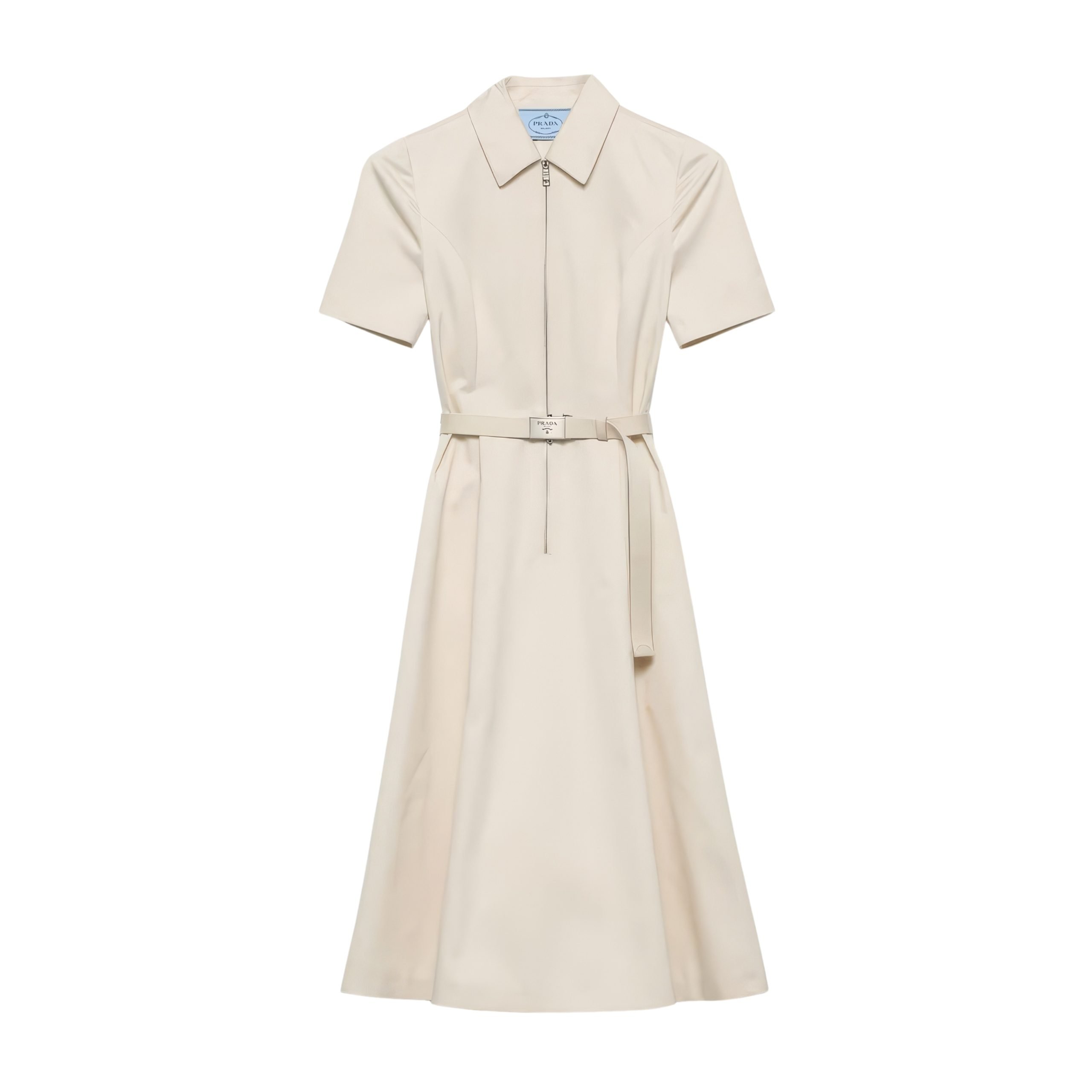 Prada white chino belted dress with a collar and front zipper