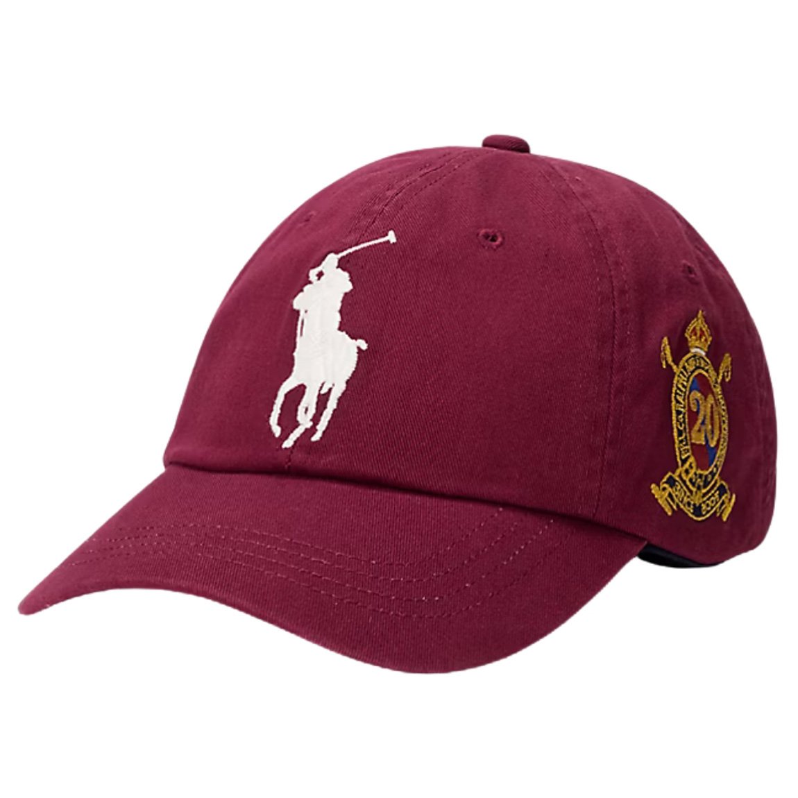 Ralph Lauren classic wine-colored baseball cap with a white logo on the front celebrating the Big Pony 20th Anniversary