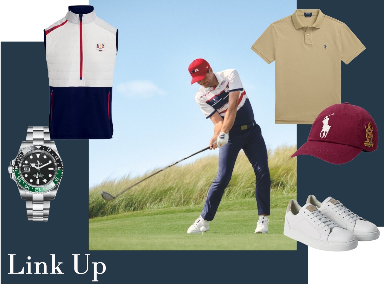 A collage of a man playing golf and golf accessory items to shop