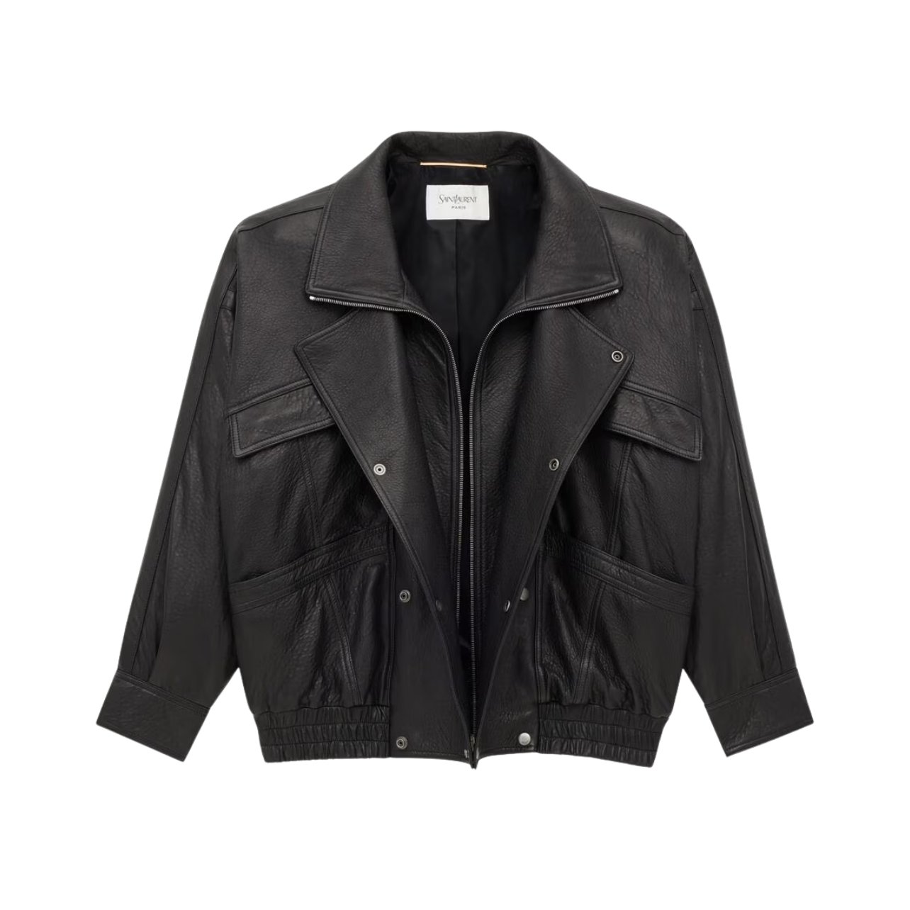 Saint Laurent black bomber jacket with a two-way zipper, stand collar, strapped cuffs, and shirred waist