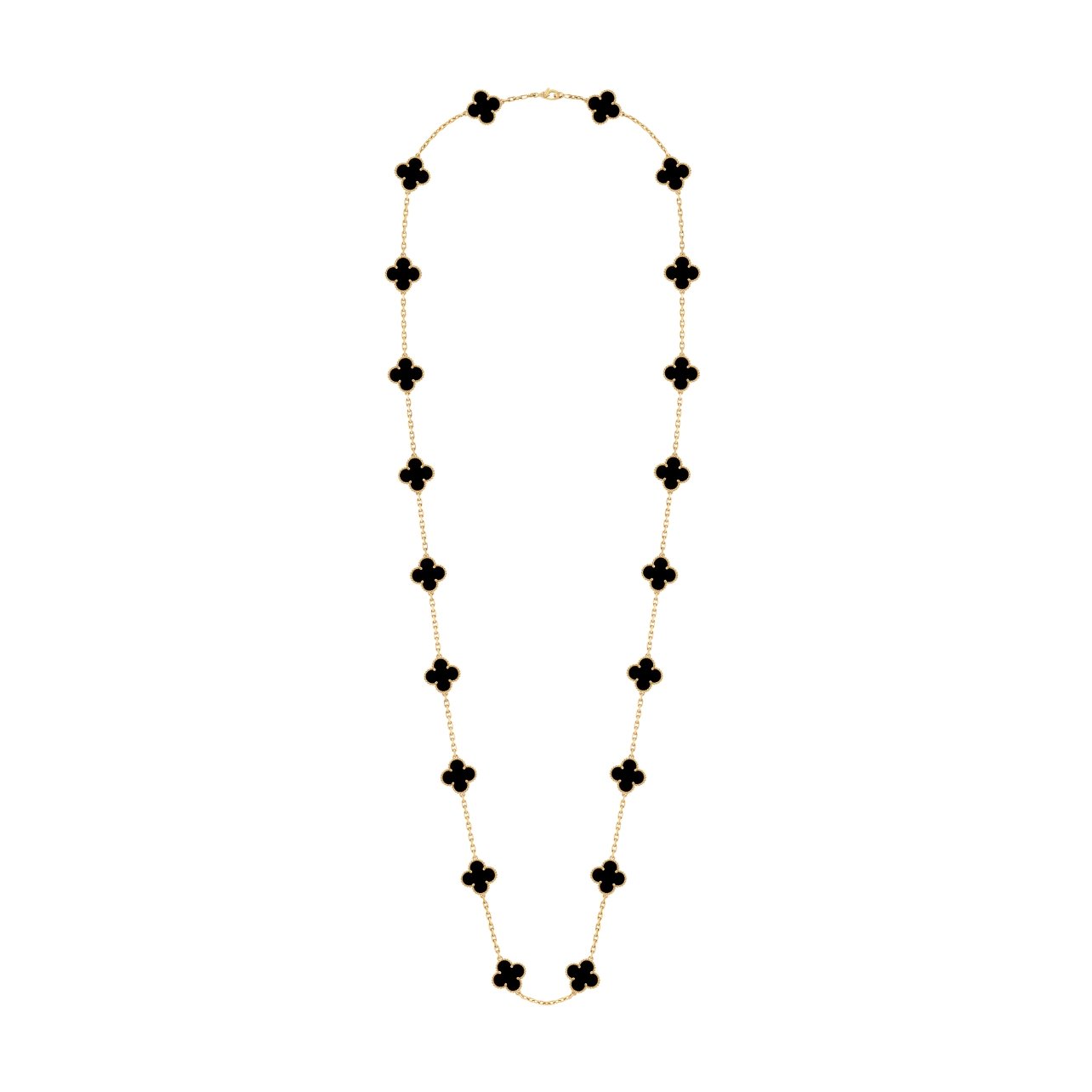 Van Cleef & Arpels 18K yellow gold chain with black Onyx clover leaf pendants