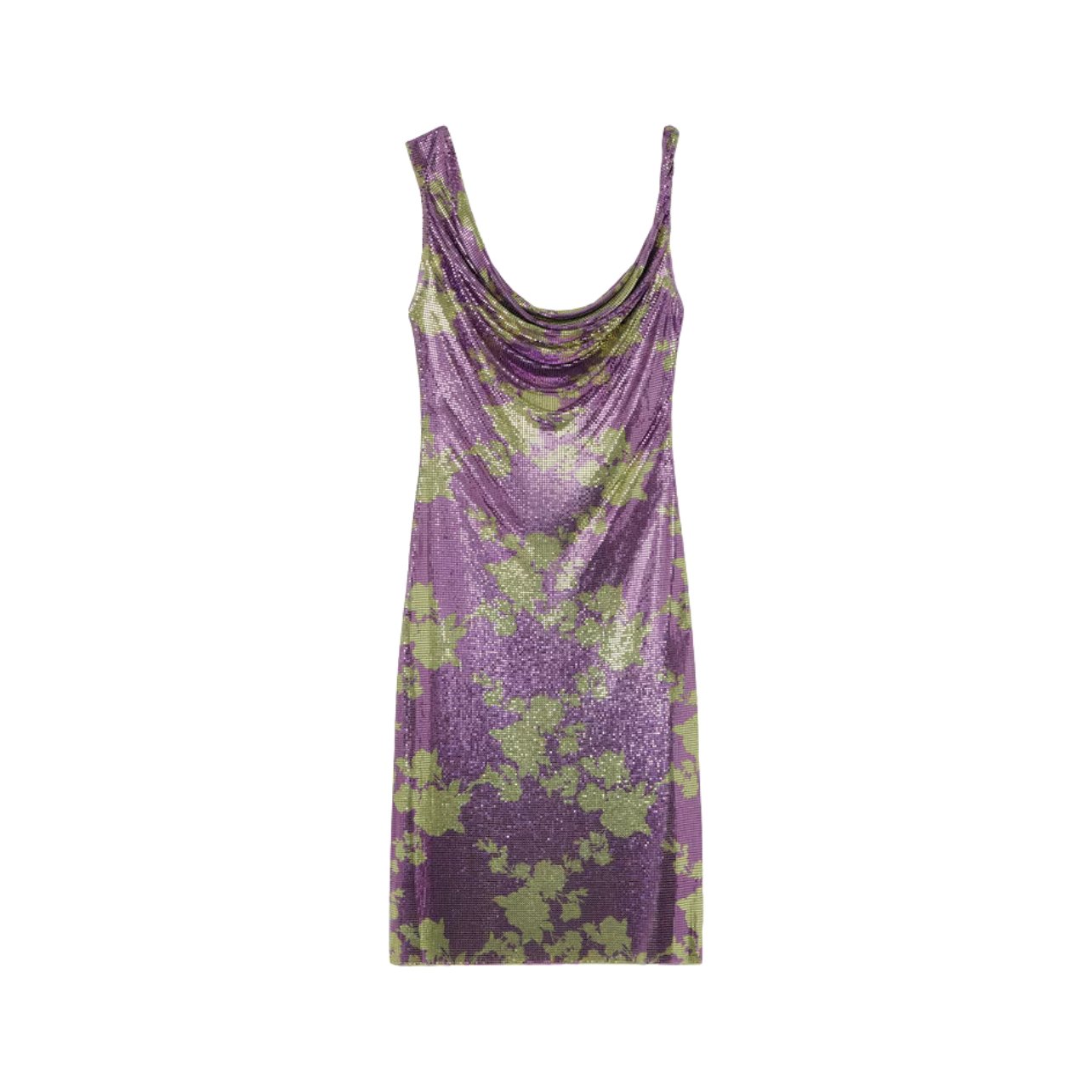 Versace sleeveless metal mesh midi dress with a draped cowl neckline and green and purple wild rose print