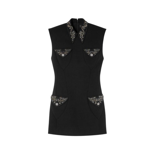 Versace mini dress with a deep V neckline, rhinestone embellishments, a pointed collar, and front pockets